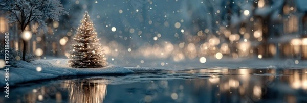 Fototapeta Winter landscape with illuminated Christmas tree by the water at night, surrounded by cozy homes