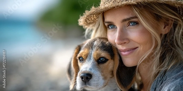 Fototapeta Woman with a beagle puppy enjoying a sunny day at the beach, smiling and embracing her furry friend