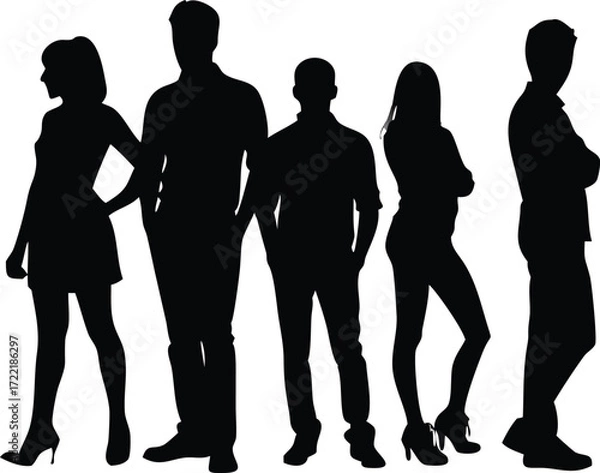 Fototapeta Silhouette of Five People Standing Together Representing Teamwork and Diversity