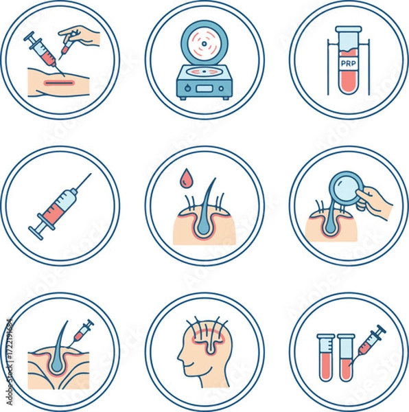 Obraz Set of 9 Line Art Vector Icons for PRP Hair Restoration Treatment, Hair Care and Medical Dermatology