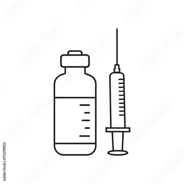 Fototapeta Syringe and vaccine vial line art illustration