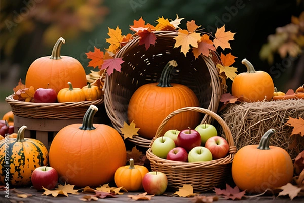 Obraz Cornucopia Overflowing with Fresh Fruits and Vegetables – Thanksgiving Harvest Abundance