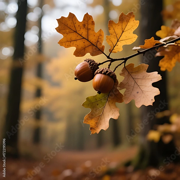Obraz Autumn Oak Leaves and Acorns in Sunlight – Forest Harvest Still Life