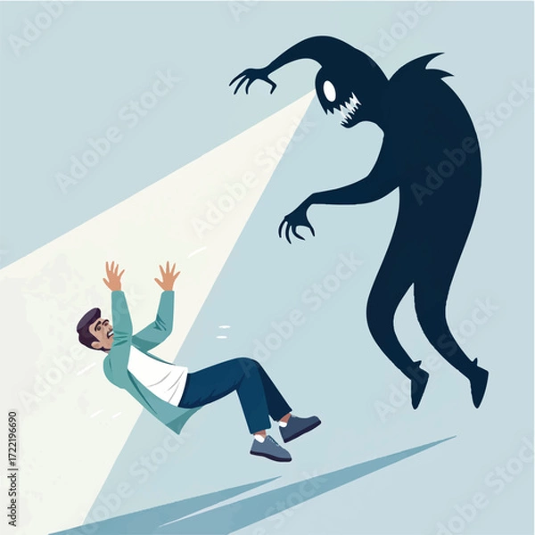 Fototapeta Scared Man Confronted by Shadow Monster Illustration