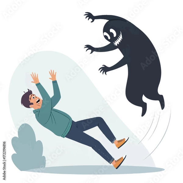 Fototapeta Scared Man Attacked by Shadow Monster Illustration