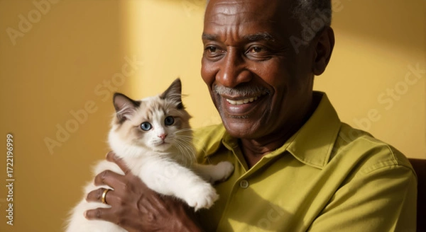 Obraz Smiling senior african american man holding a cute ragdoll kitten. Elderly black person with a fluffy cat with blue eyes. Pet owner concept.