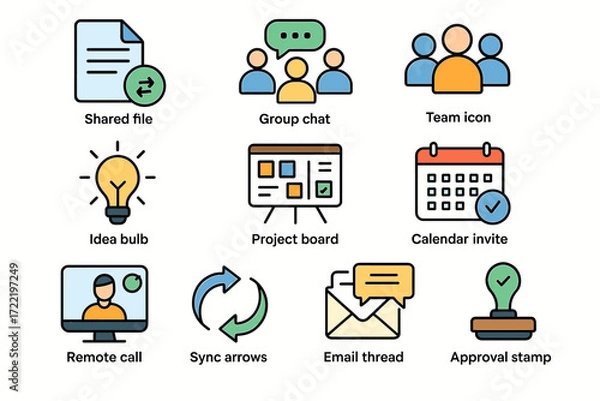 Fototapeta Teamwork and communication icons: group chat, shared files, project management tools