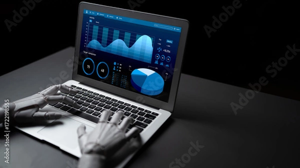 Fototapeta A robotic hand interacts with a laptop showcasing intricate data visualization. The modern interface highlights analytics and statistics in a dark-themed workspace. Impute