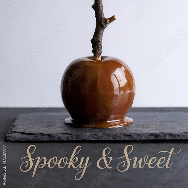 Fototapeta Spooky caramel apple with stick on slate background  