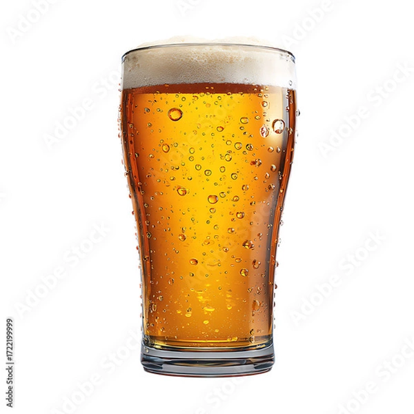 Fototapeta Refreshing beer in a tall glass condensation droplets clinging to the sides topped with a frothy head Celebratory Cheers !