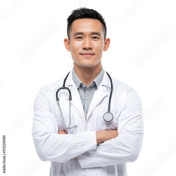Fototapeta Confident doctor in a white coat with stethoscope arms crossed smiles gently against a plain background for professional portrait