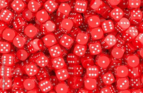 Fototapeta Red dice pile with white dots, background. 3D rendering