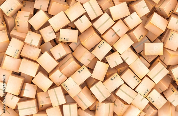 Fototapeta Cardboard parcels pile, background. 3D rendering