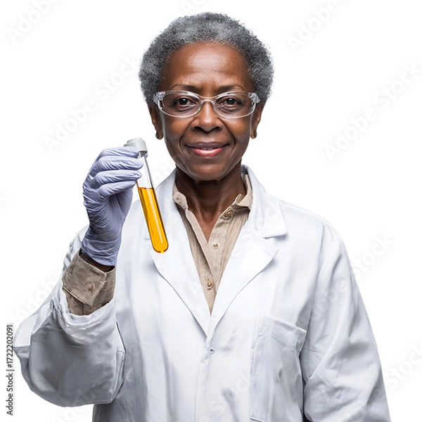 Fototapeta Scientist examining a test tube with yellow liquid Lab coated and wearing glasses the woman looks directly at the viewer smiling