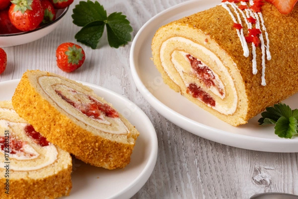 Fototapeta Delicious strawberry roll cake served on a wooden board with fresh strawberries in a white bowl in the background