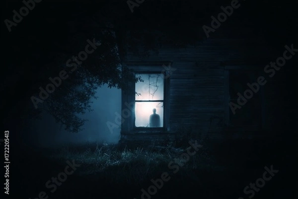 Fototapeta Haunted house with mysterious shadow silhouette in the window