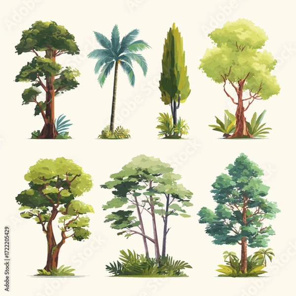 Fototapeta Set of tropical trees, simple and flat vector illustration, white background