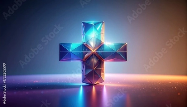 Fototapeta Illuminated Plus Symbol: A radiant, geometrically precise plus symbol glows brightly against a soft gradient backdrop, embodying concepts of health, assistance, and positivity. 