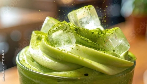Fototapeta Iced Matcha Delight: A refreshing matcha beverage features a creamy swirl, sparkling ice cubes, and a dusting of matcha powder, evoking a sense of pure refreshment and taste.