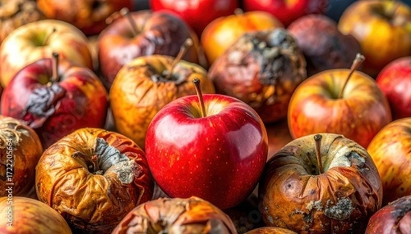 Fototapeta Ripe and Rotten: A striking comparison of freshness and decay as crisp, red apples contrast with their decomposing counterparts, highlighting the cycle of nature.