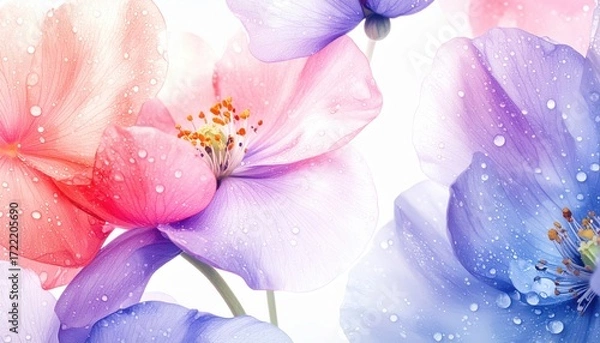 Fototapeta Floral Symphony: A close-up reveals a delicate dance of petals painted in soft pastel hues. The vibrant colors intertwine, accented by gentle droplets, evoke feelings of spring. 