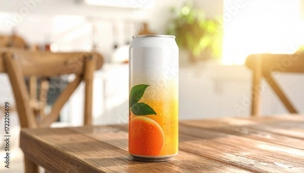 Fototapeta Citrus Bliss in a Can: A vibrant aluminum can of citrus beverage sits invitingly on a rustic wooden table, showcasing the refreshing drink with leaves design.