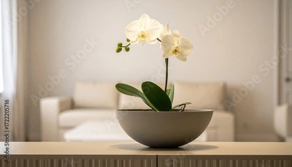 Fototapeta Elegant Orchid Display: A pristine white orchid, set within a sophisticated grey pot, takes center stage in a modern and minimalist living space, evoking feelings of tranquility and refined style.