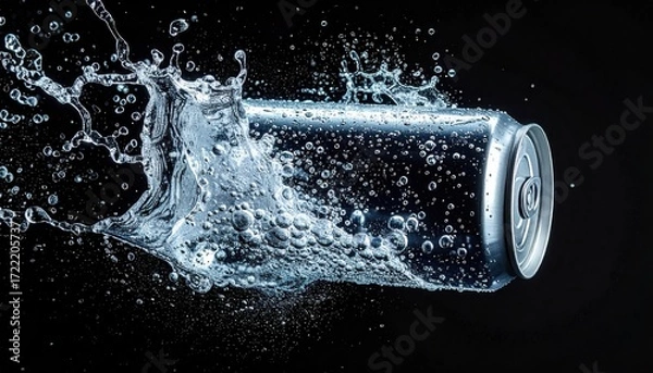 Fototapeta Cool Beverage Splash: A refreshing, aluminum beverage can bursts into a dynamic splash of water, artfully captured against a dark backdrop, conveying coolness. 