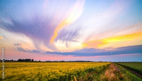 Fototapeta Golden Field and Ethereal Sky: The vibrant landscape showcases a sweeping wheat field bathed in the warm glow of the setting sun and a dramatic skyscape with dynamic cloud formations