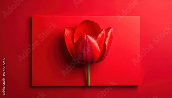 Fototapeta Crimson Blossom: A singular, vibrant red tulip graces a monochromatic canvas, showcasing its delicate petals and stem, a symbol of elegance and freshness.