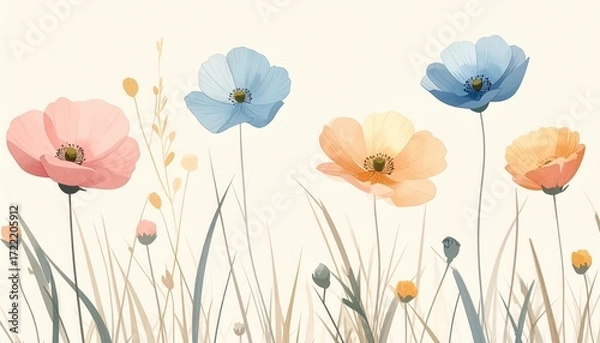 Fototapeta Blooming Watercolor Poppies: A gentle and vibrant watercolor painting presents a collection of delicate poppies in soft pastel hues, evoking feelings of serenity and artistic beauty. 