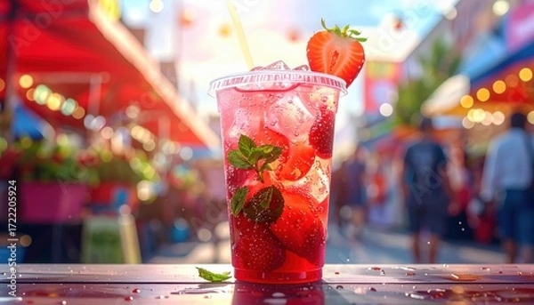 Fototapeta Strawberry Delight: A refreshing strawberry concoction, brimming with vibrant red hues, sits enticingly on a table, beckoning you to indulge in its fruity, cool charm.