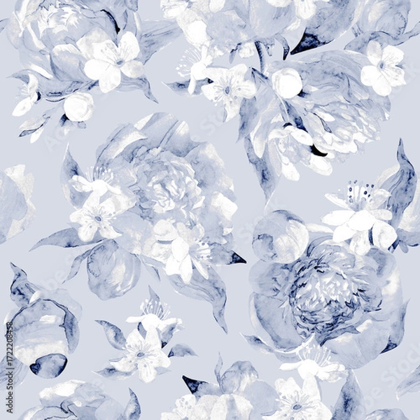 Fototapeta Botanical seamless pattern with abstract flowers and peony sulhouettes for textiles. High quality illustration