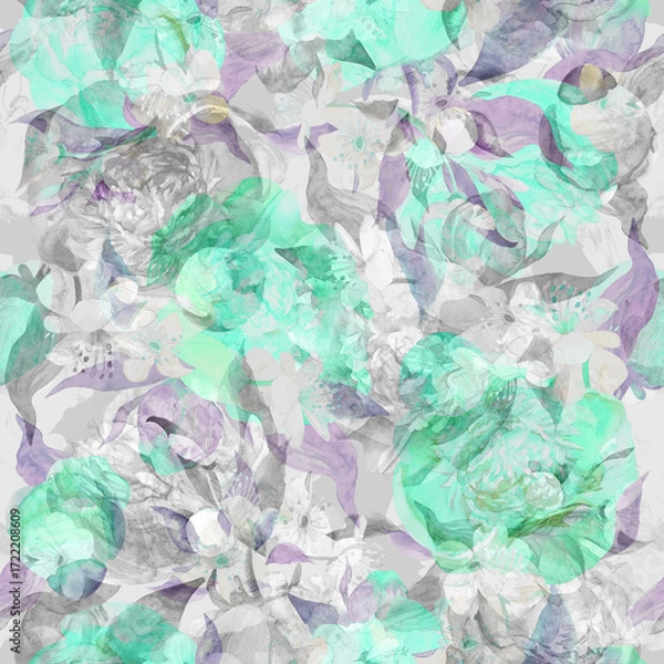 Fototapeta Botanical seamless pattern with abstract flowers and peony sulhouettes for textiles. High quality illustration
