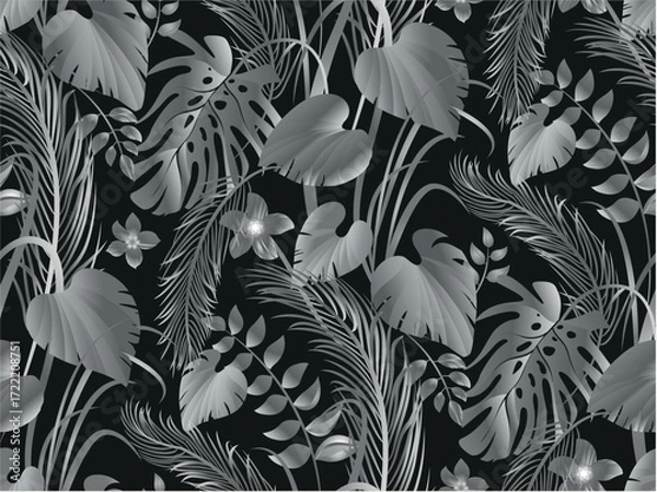 Fototapeta Seamless pattern with monochrome flowers in silver shadeson black for textiles and design