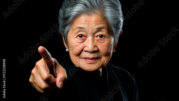 Fototapeta Elderly Asian Woman Pointing at the Viewer. Gentle Authority, Wise Guidance, Direct Communication.