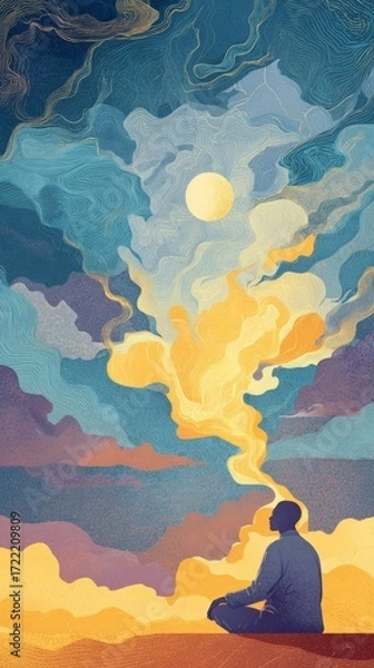 Fototapeta Spiritual awakening and self-awareness concept, abstract vertical illustration of a man meditating with glowing energy rising toward moonlit sky Concept: spirituality, meditation, inner peace, self