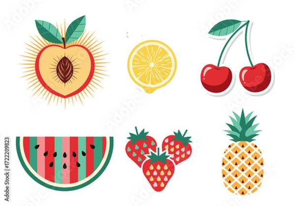 Fototapeta Retro Fruit Vector Set – Flat Icons of Peach, Lemon, Cherries, Watermelon, Strawberry, and Pineapple in Vintage Mid-Century Style with Pastel Textures