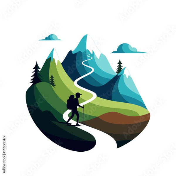 Fototapeta Stylized layered illustration of a hiker with backpack and pole on a winding mountain path.