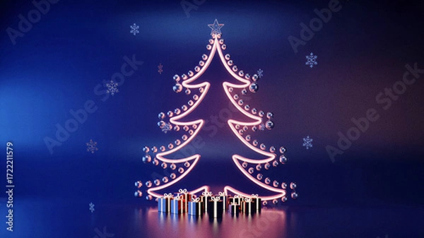 Fototapeta Elegant glowing stylized Christmas tree made with pink neon lights on blue background, festive sparkling winter illustration perfect for seasonal holiday greeting designs