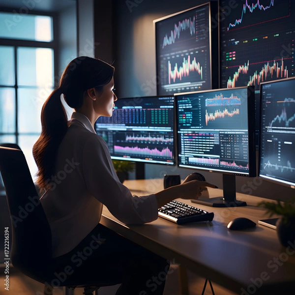 Fototapeta A proficient analyst fastiiously examining complex crporate data in a modern ofice setup