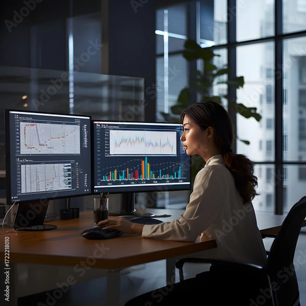 Fototapeta A proficient analyst fastiiously examining complex crporate data in a modern ofice setup