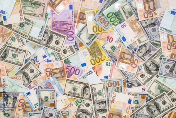 Obraz pile of dollar and euro banknote as background