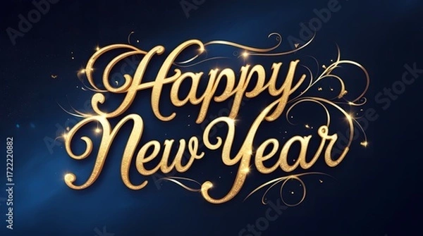 Fototapeta Happy New Year Greeting – Golden Glitter Script on Dark Blue Background