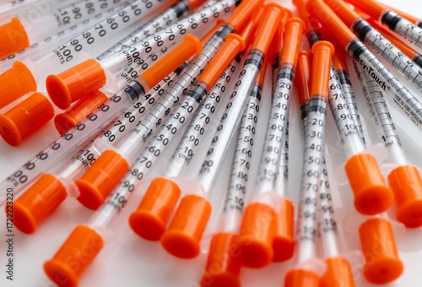 Fototapeta Close up of Many Single Use Insulin Syringes 31 Gauge 