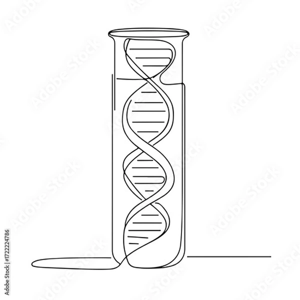 Fototapeta DNA molecule in test tube, single line illustration in black minimalist style