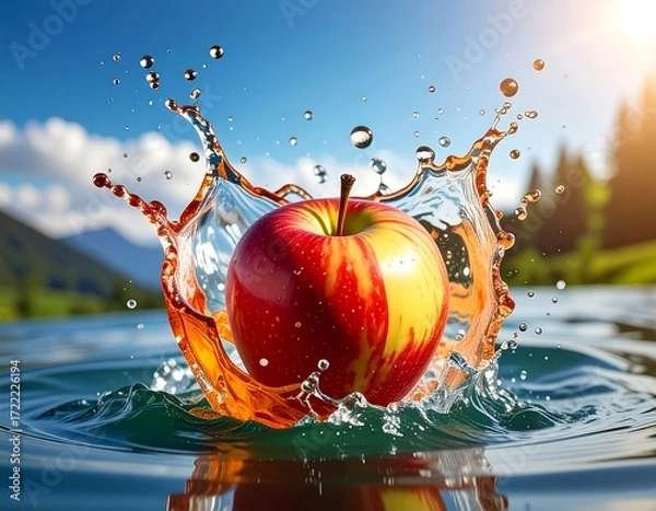Fototapeta Red apple splashing into water