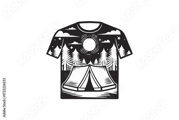 Fototapeta TShirt Art with Camping Tent Pine Trees Moon & Stars on White Background