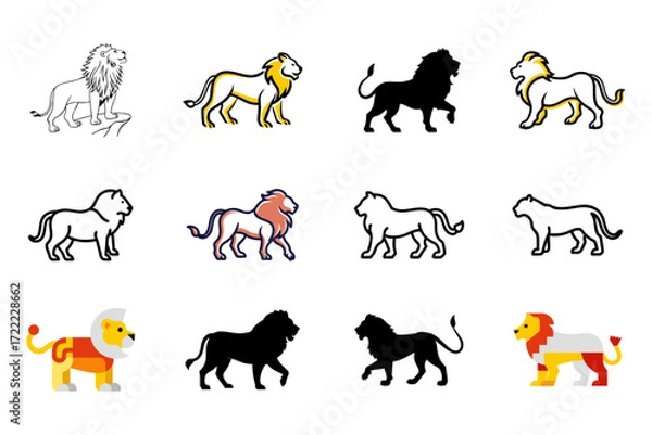 Fototapeta Collection of diverse lion illustrations in various styles and colors including sketches silhouettes and cartoonish depictions