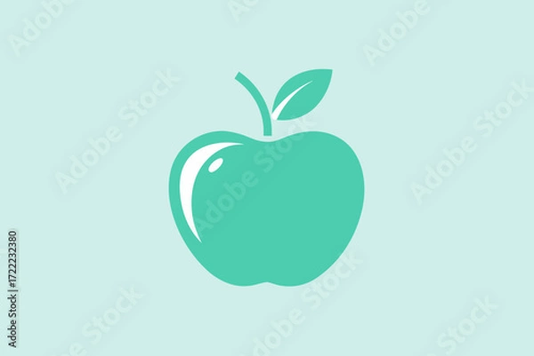 Fototapeta Simple teal apple icon with leaf on light blue background